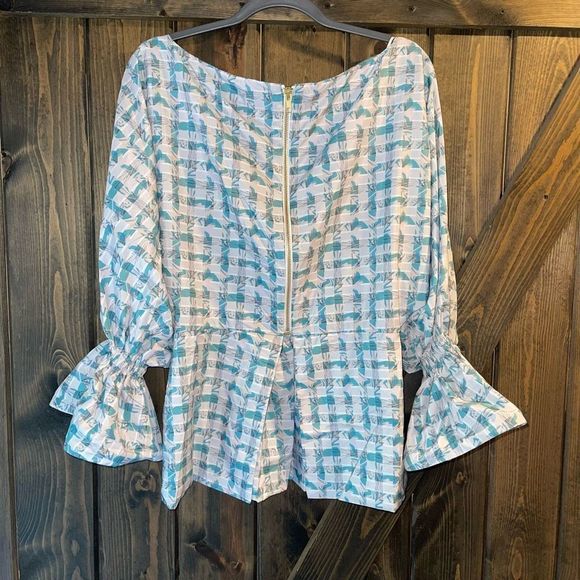 NWT Kimberly Goldson Sola Plaid Bell Sleeve Blouse - Picture 5 of 8